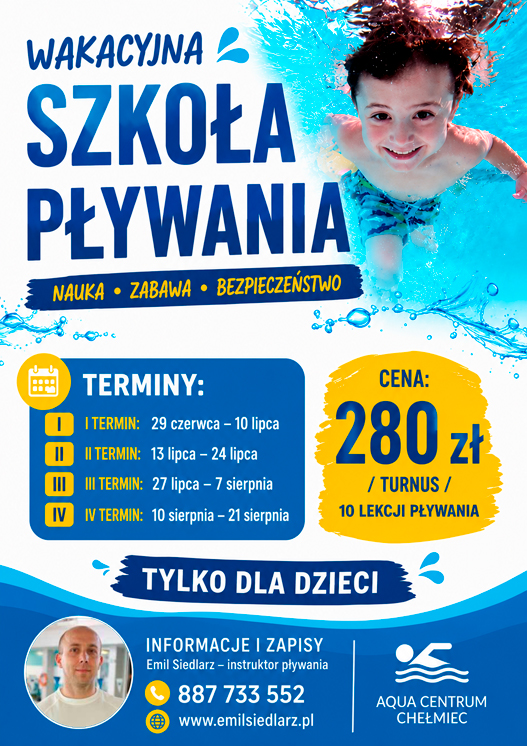 Wakacyjna Szkoła Pływania na basenie w Chełmcu 2026 roku. Kurs pływania w wakacje